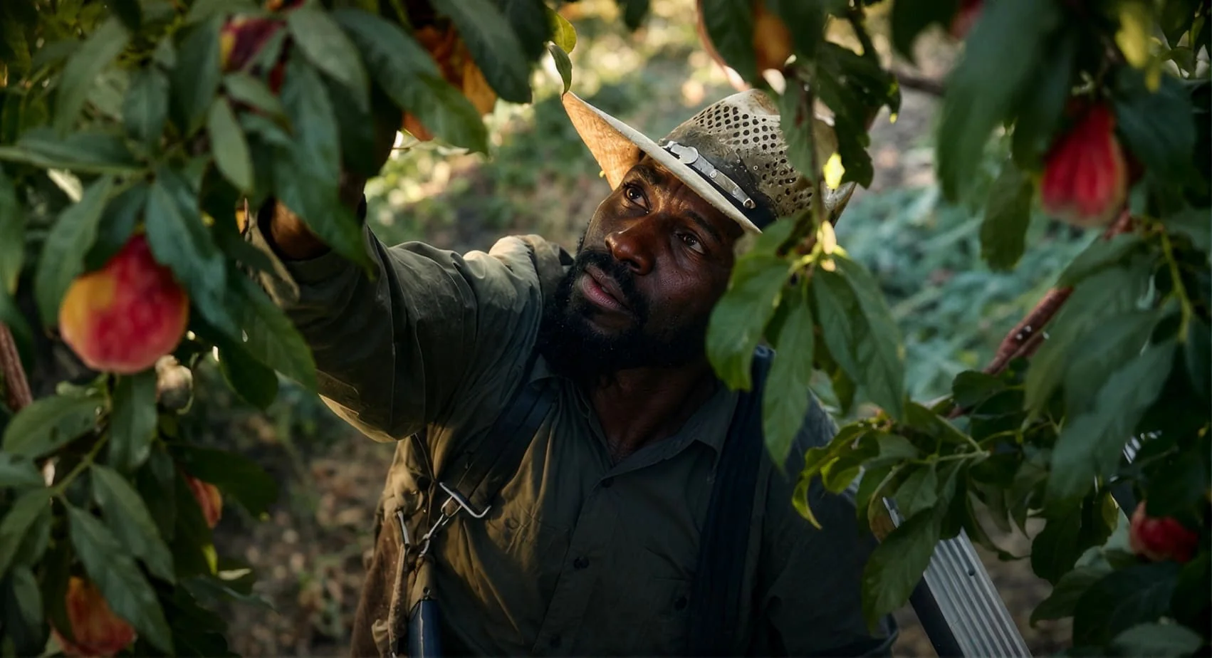 Seasonal worker picking fruit in a European orchard